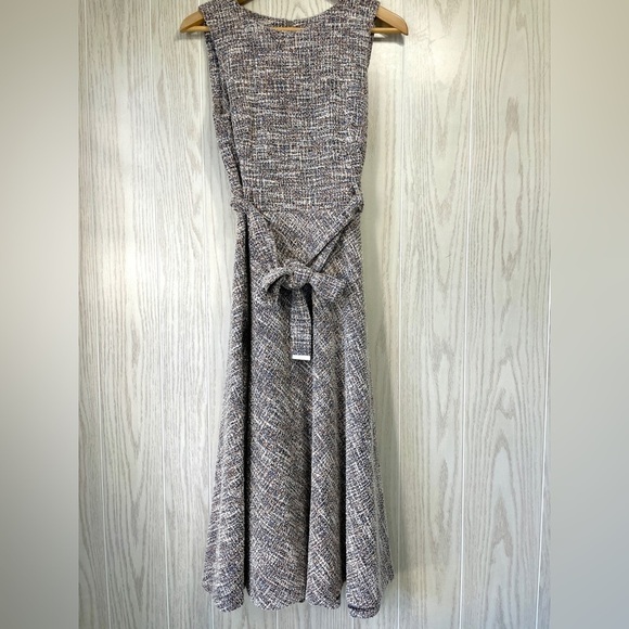 CALVIN KLEIN  Zip Back Belted Tweed Print Stretch Midi Dress Size 6 EUC - Picture 1 of 3